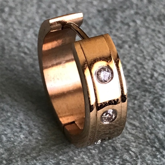 Rose Steel and CZ Hugger Hoop Earrings - Picture 2 of 6